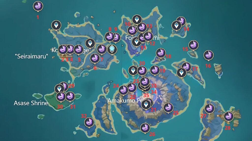 Localizações Electroculus Ilha Seirai Genshin Impact